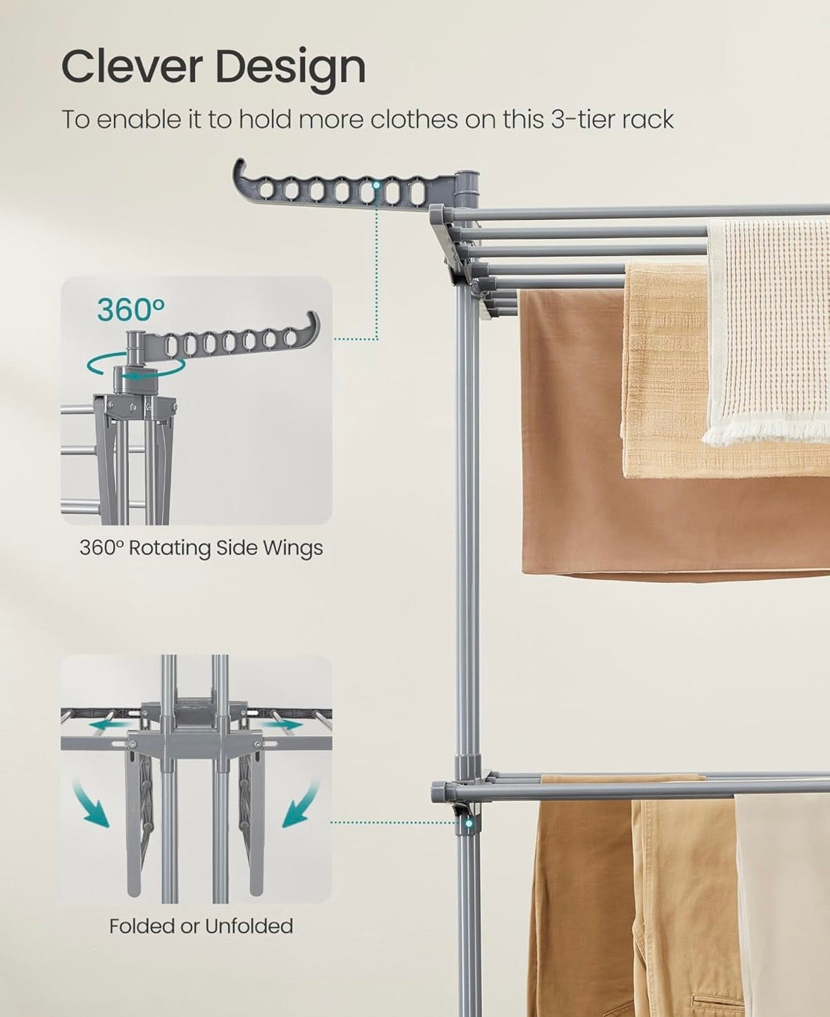 SONGMICS 3-Tier Clothes Drying Rack with Wheels – Dove Grey