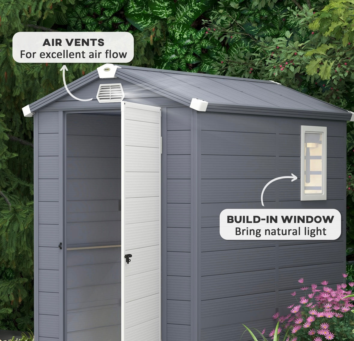 Waterproof Recycled Plastic Outdoor Storage Shed – Reinforced Garden Tool Shed with Door, Window & Vents