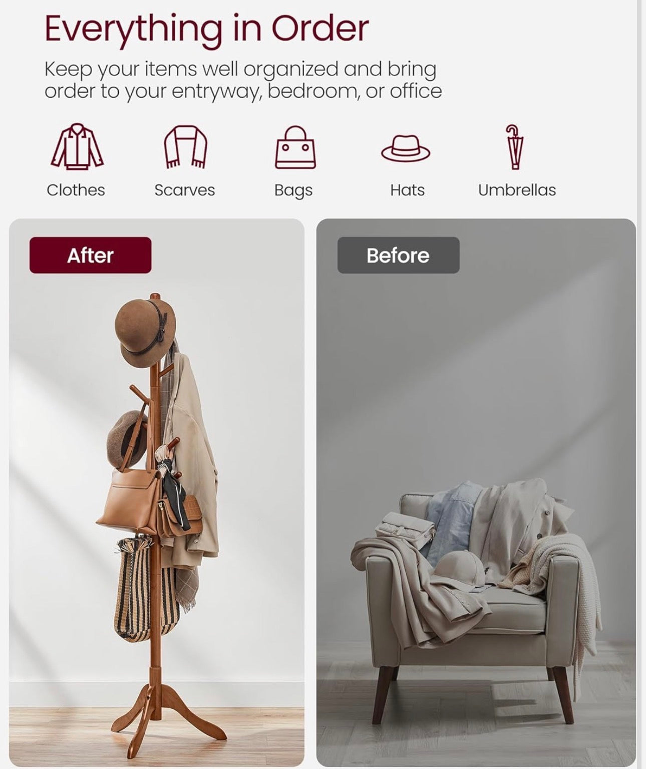 VASAGLE Solid Wood Standing Coat Rack