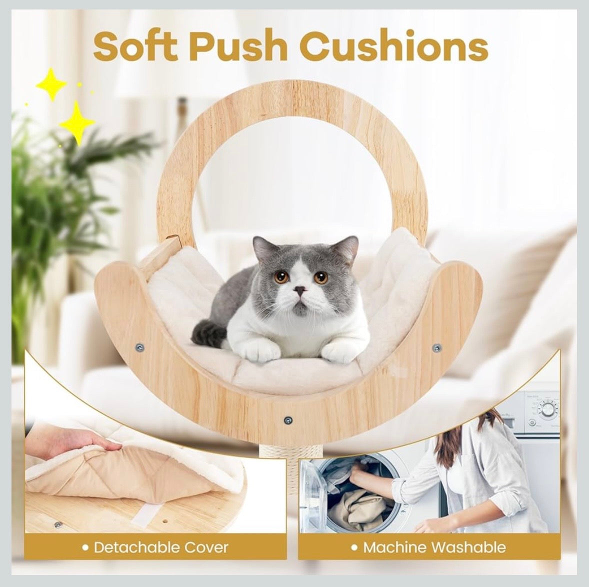 Modern Wooden Cat Tree Tower with Space Capsule