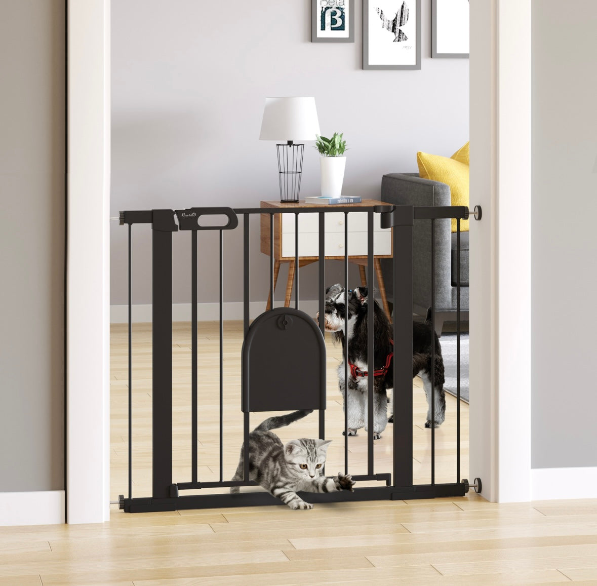 Extra-Wide Pet Gate with Small Door – Auto-Close, Double Lock, Pressure Mount