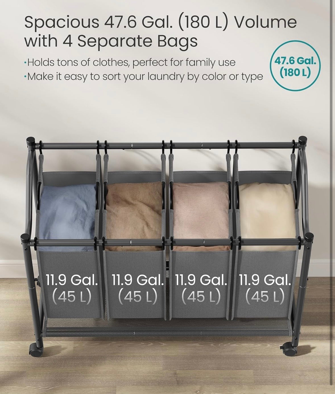 SONGMICS 4-Section Rolling Laundry Sorter – Large Capacity