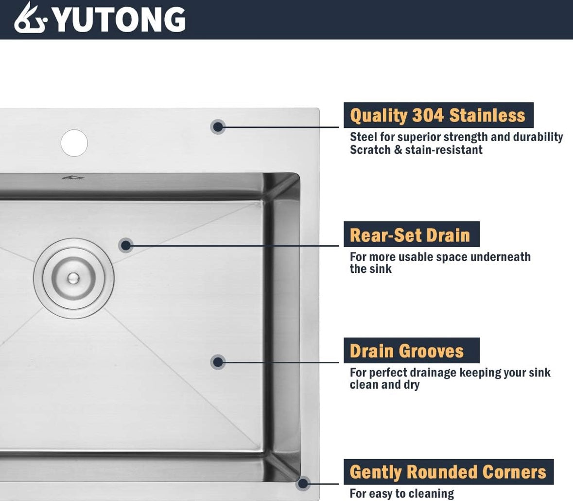 Yutong 31” × 20” Top-Mount / Drop-In Kitchen Sink – 18 Gauge SS304 Stainless Steel | Single Bowl