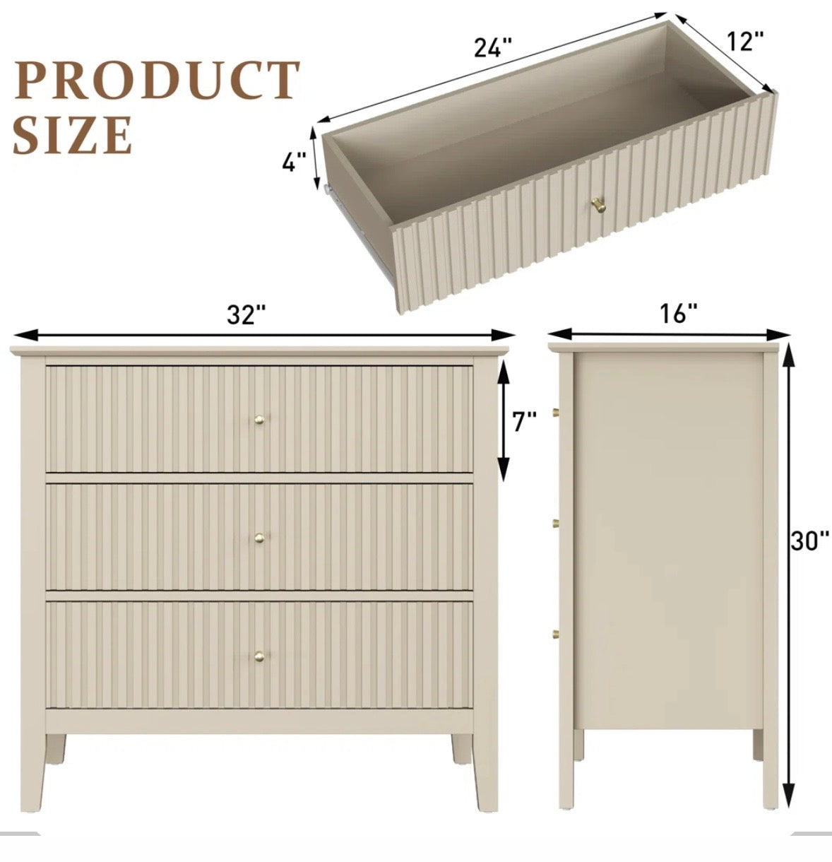 Modern Fluted 3-Drawer Wide Dresser – Minimalist Storage Cabinet