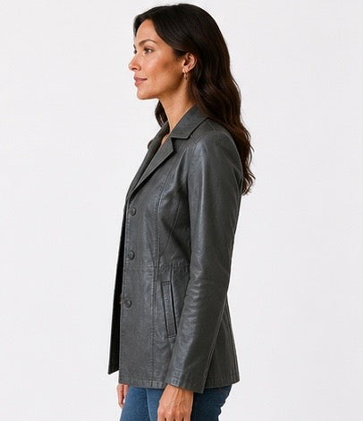 Women’s Tailored Grey Leather Jacket – Size XS
