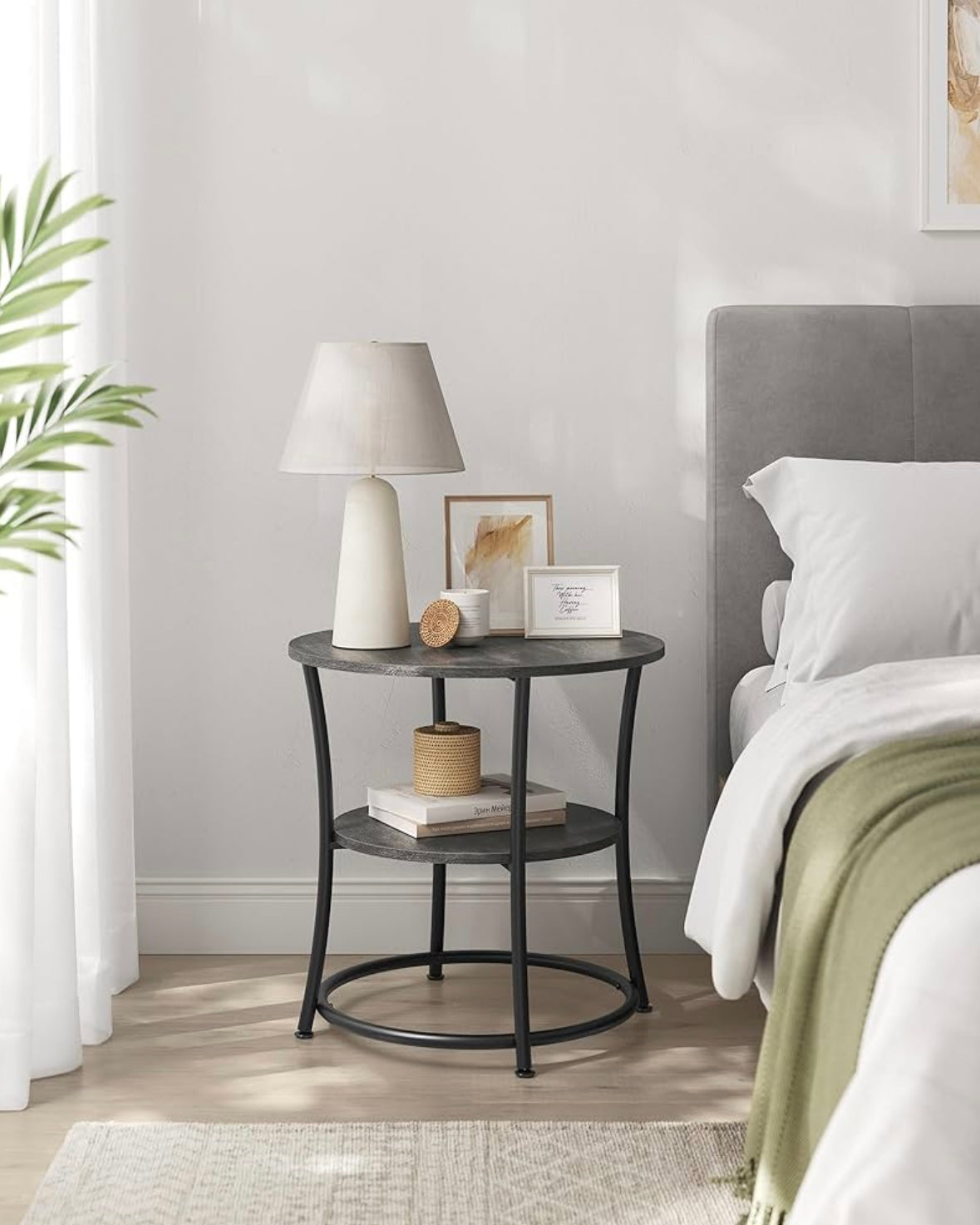 VASAGLE Misty Gray + Ink Black Round Side Table – 2-Tier Modern Accent Table