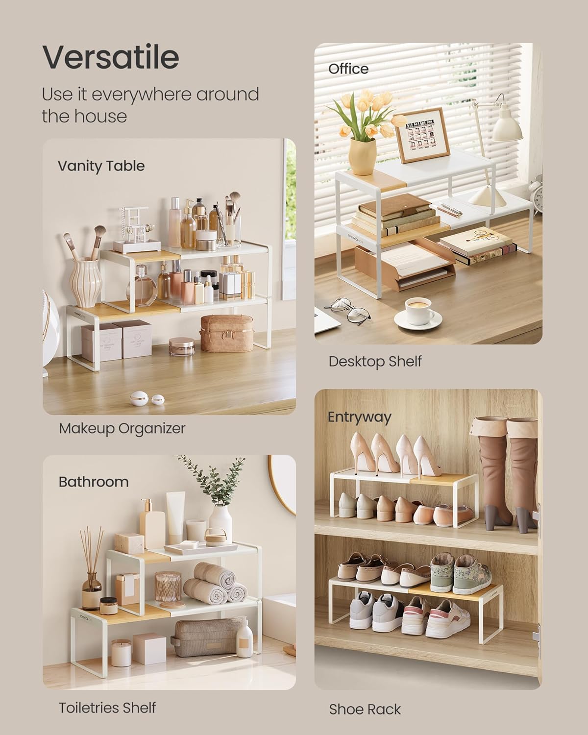 VASAGLE 2-Tier Expandable Counter Shelf – Natural Beige + Cream White
