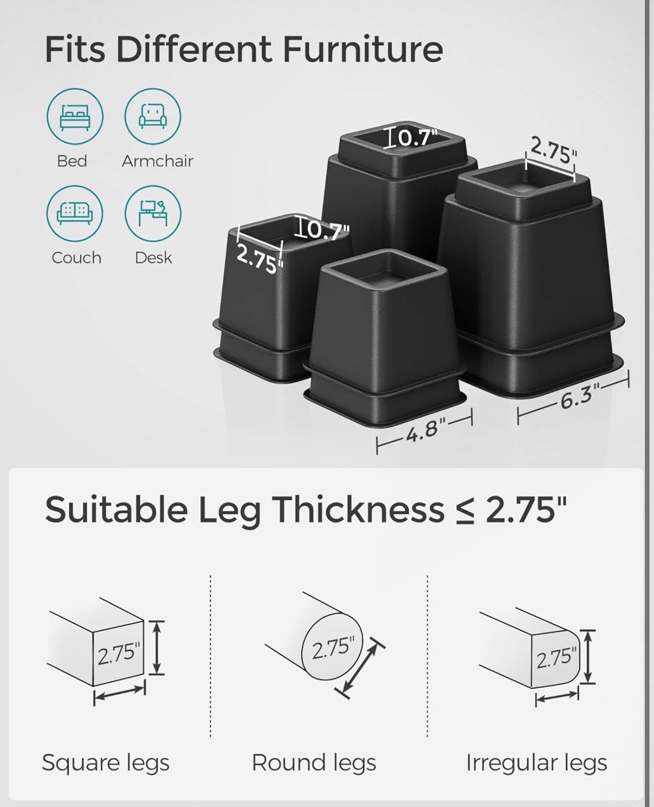 SONGMICS 4-Piece Heavy-Duty Bed & Furniture Riser Set