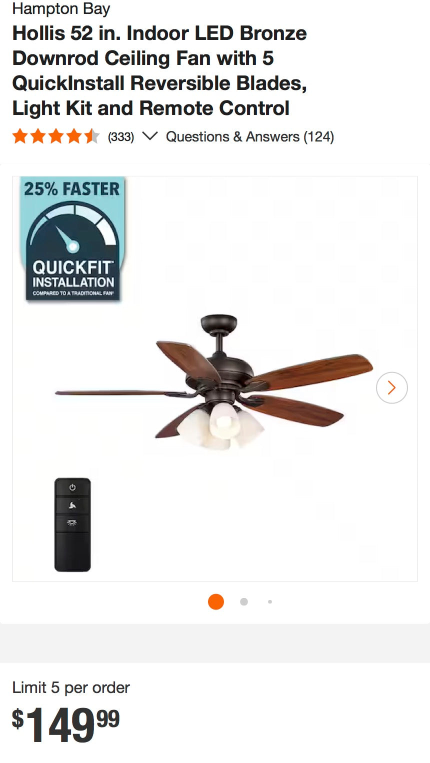 Hampton Bay 52” Hollis Ceiling Fan