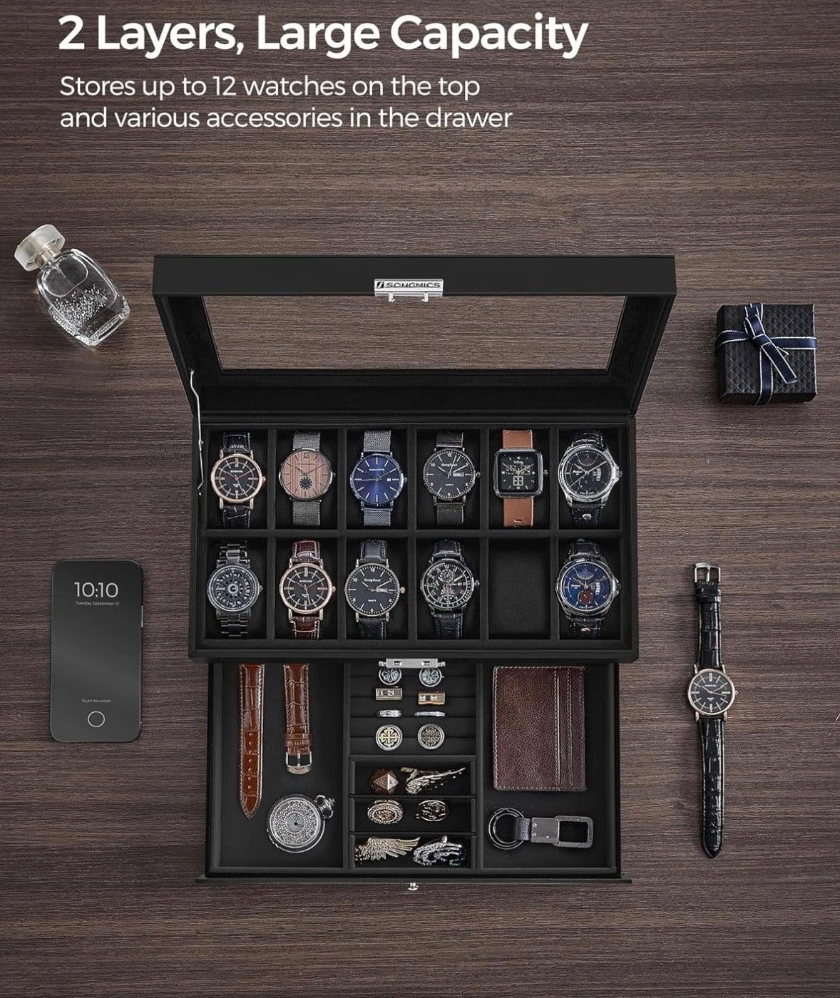 SONGMICS 12-Slot Watch Box Organizer with Glass Lid – Black
