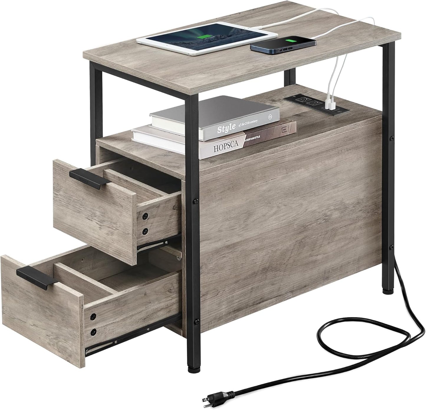 VASAGLE Narrow Side Table with Charging Station – Greige + Black