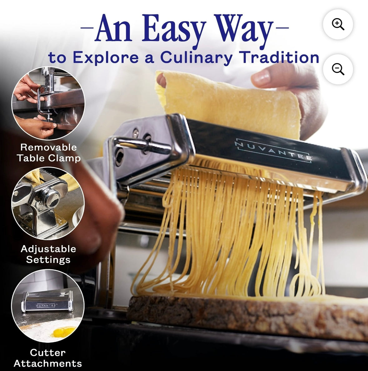 Nuvantee Stainless Steel Pasta Maker – Adjustable 7-Setting Roller | Manual Hand Crank | Silver