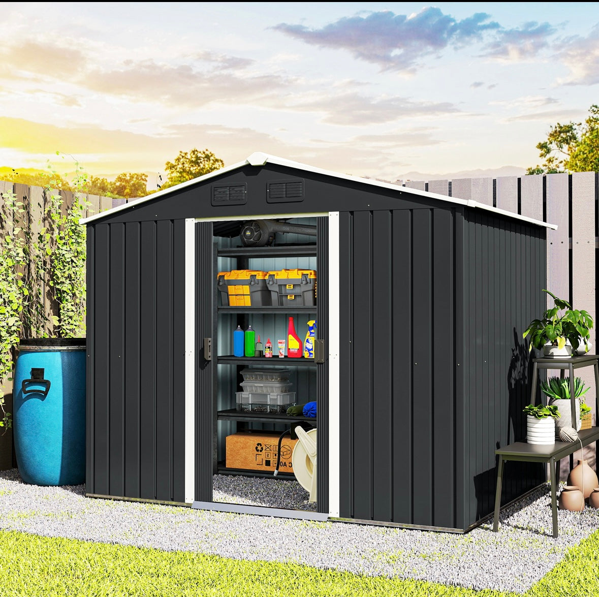 Outsunny 8×6 ft Metal Garden Storage Shed – Waterproof Steel Outdoor Tool Shed with Sliding Doors & Vents