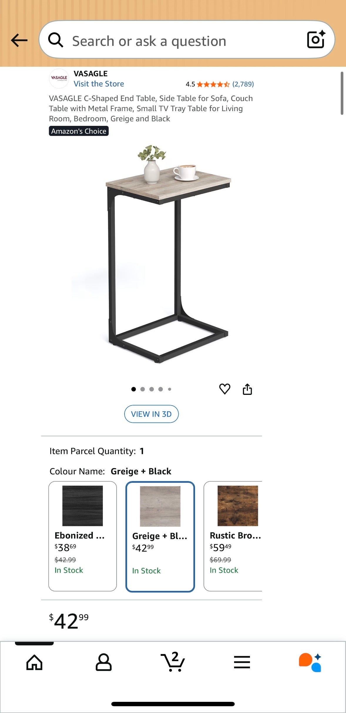 VASAGLE C-Shaped Side Table