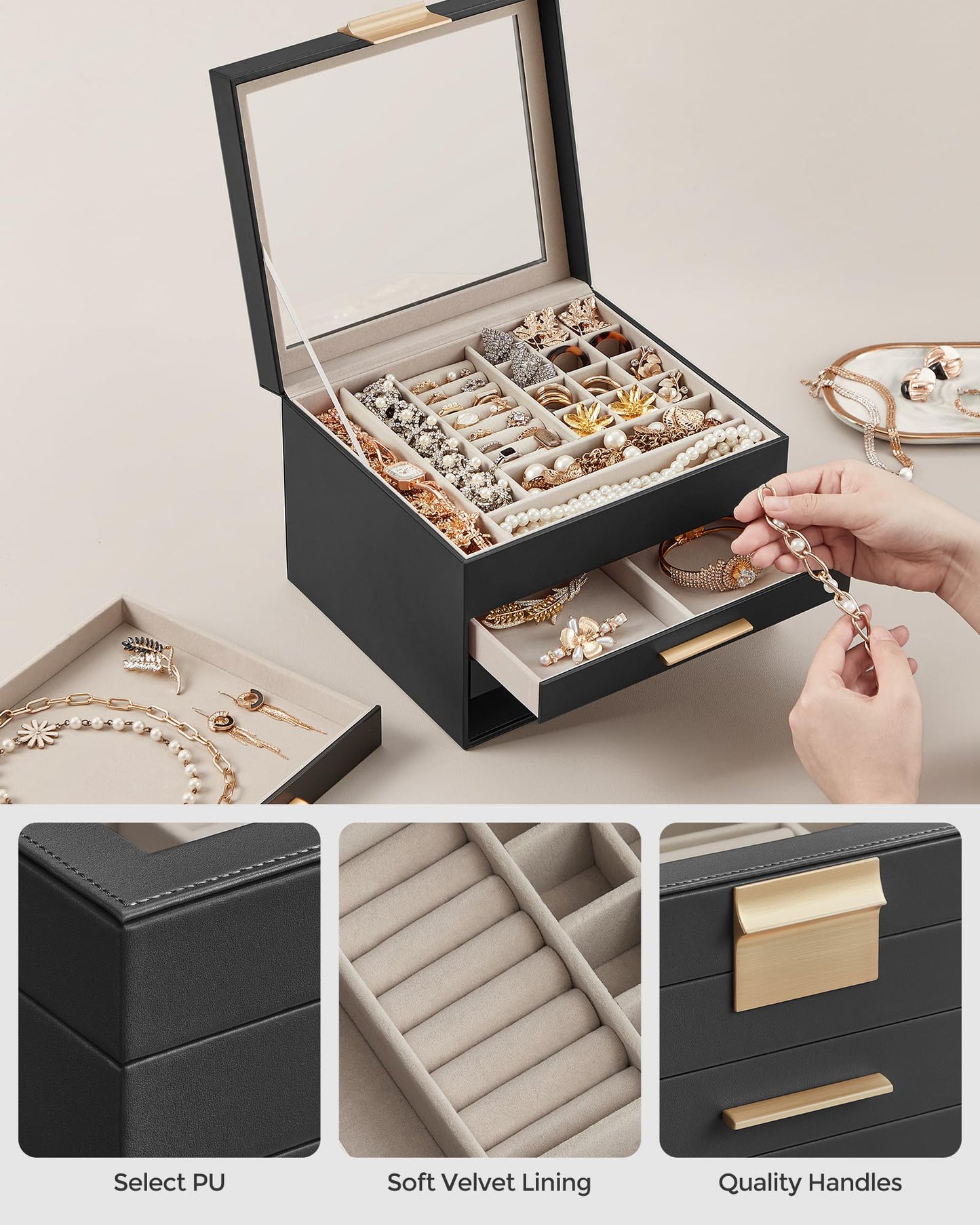 SONGMICS 4-Layer Jewelry Organizer Box – Graphite Black + Gold