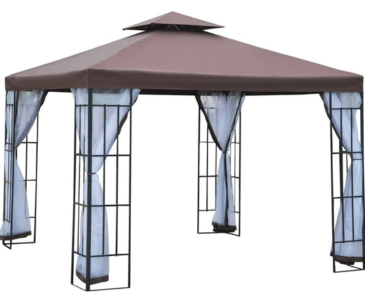 Outsunny 10’ x 10’ Double Roof Patio Gazebo – Aluminum Frame | Mesh Curtains | Water-Resistant Canopy