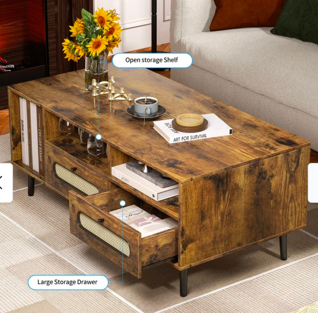 Mid-Century Modern Coffee Table w/ Storage Cabinets & Open Shelving