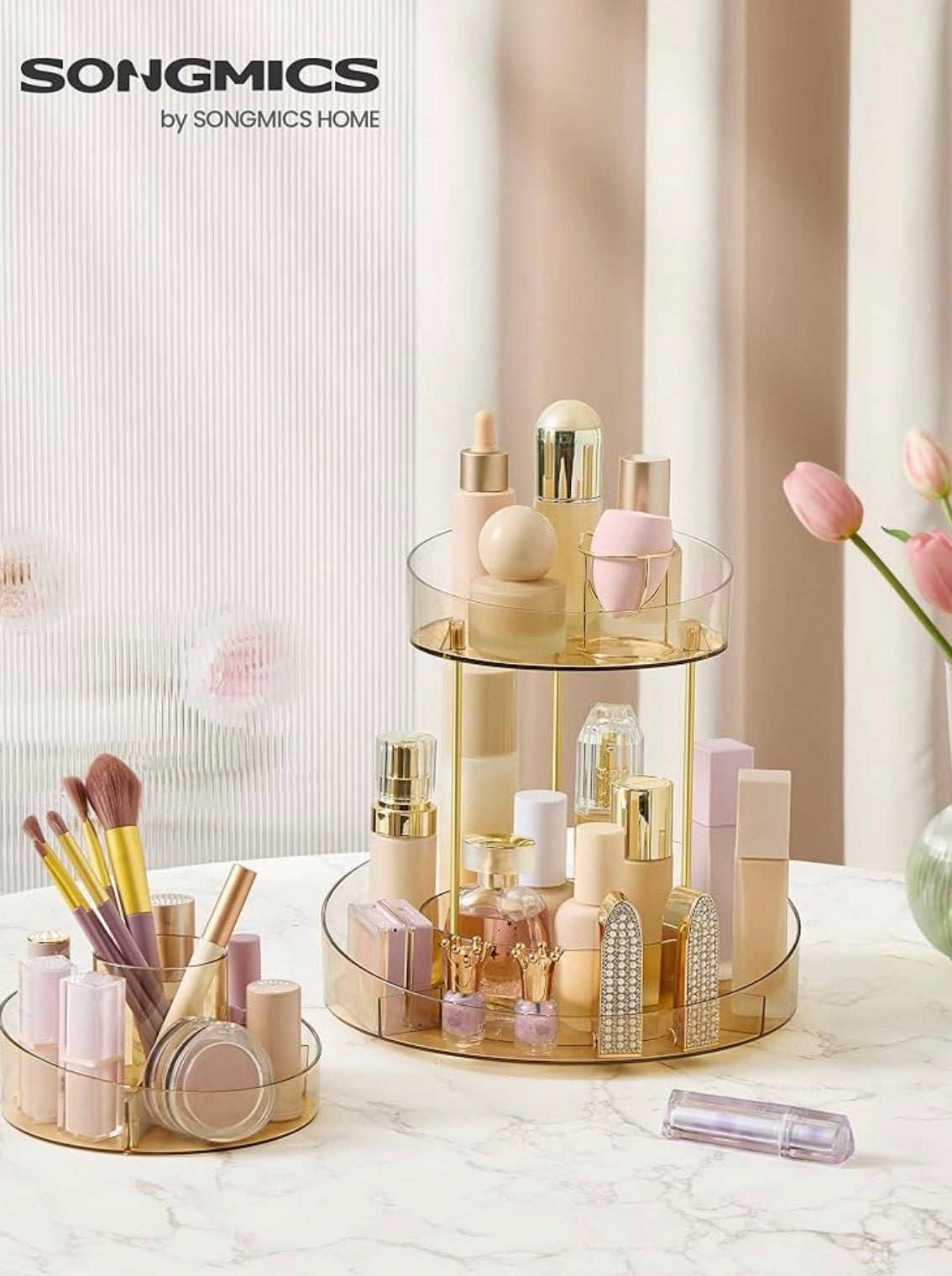 SONGMICS HOME 2-Tier Rotating Makeup Organizer with Extra Tray