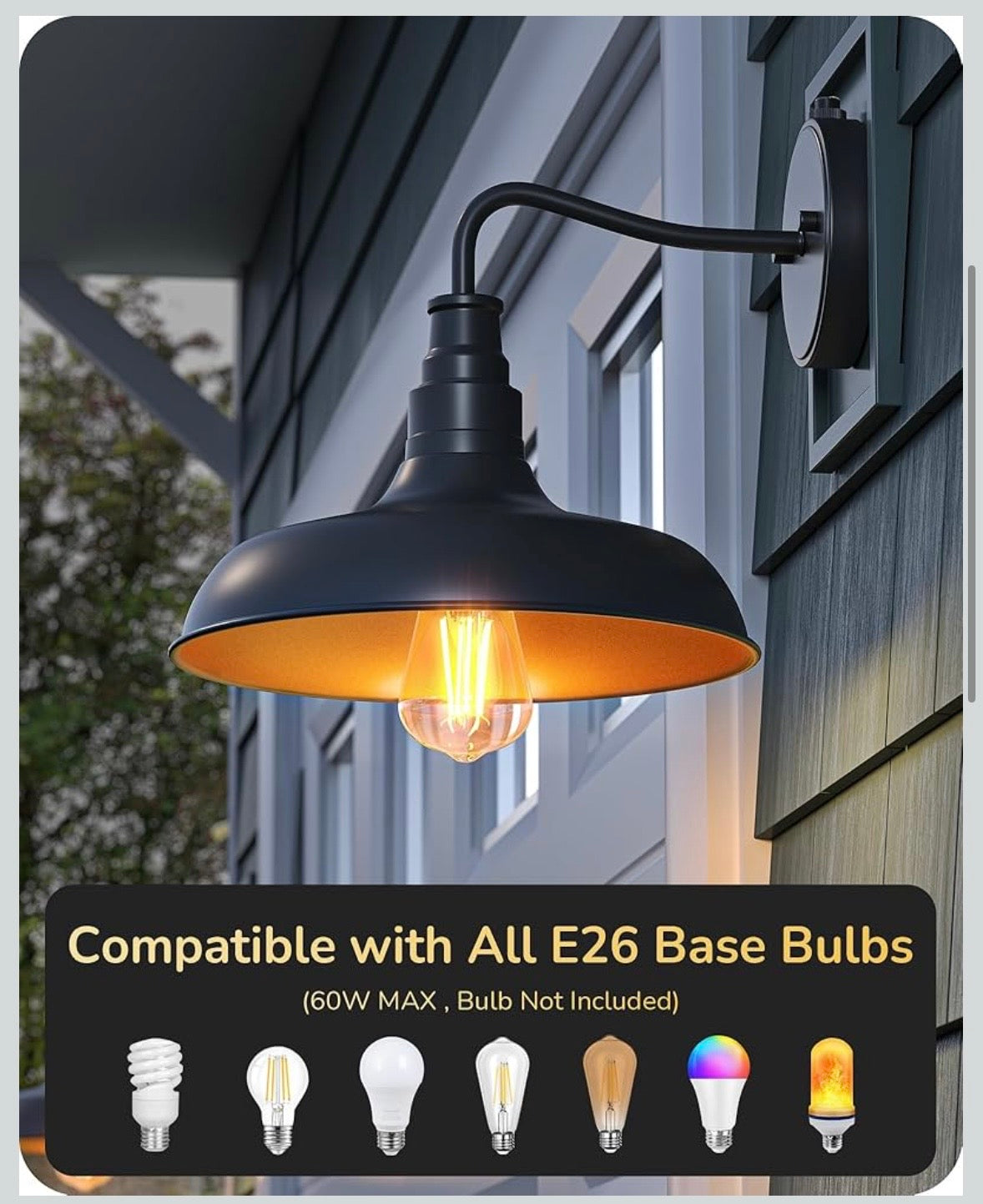 EDISHINE Dusk-to-Dawn Gooseneck Wall Light – Black & Gold (2-Pack)