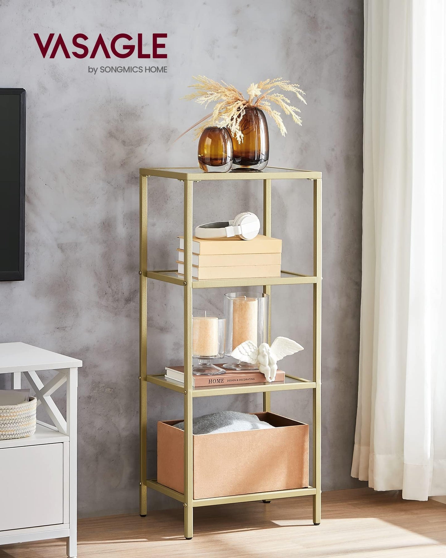 VASAGLE 4-Tier Glass Display Shelf – Pale Gold Frame
