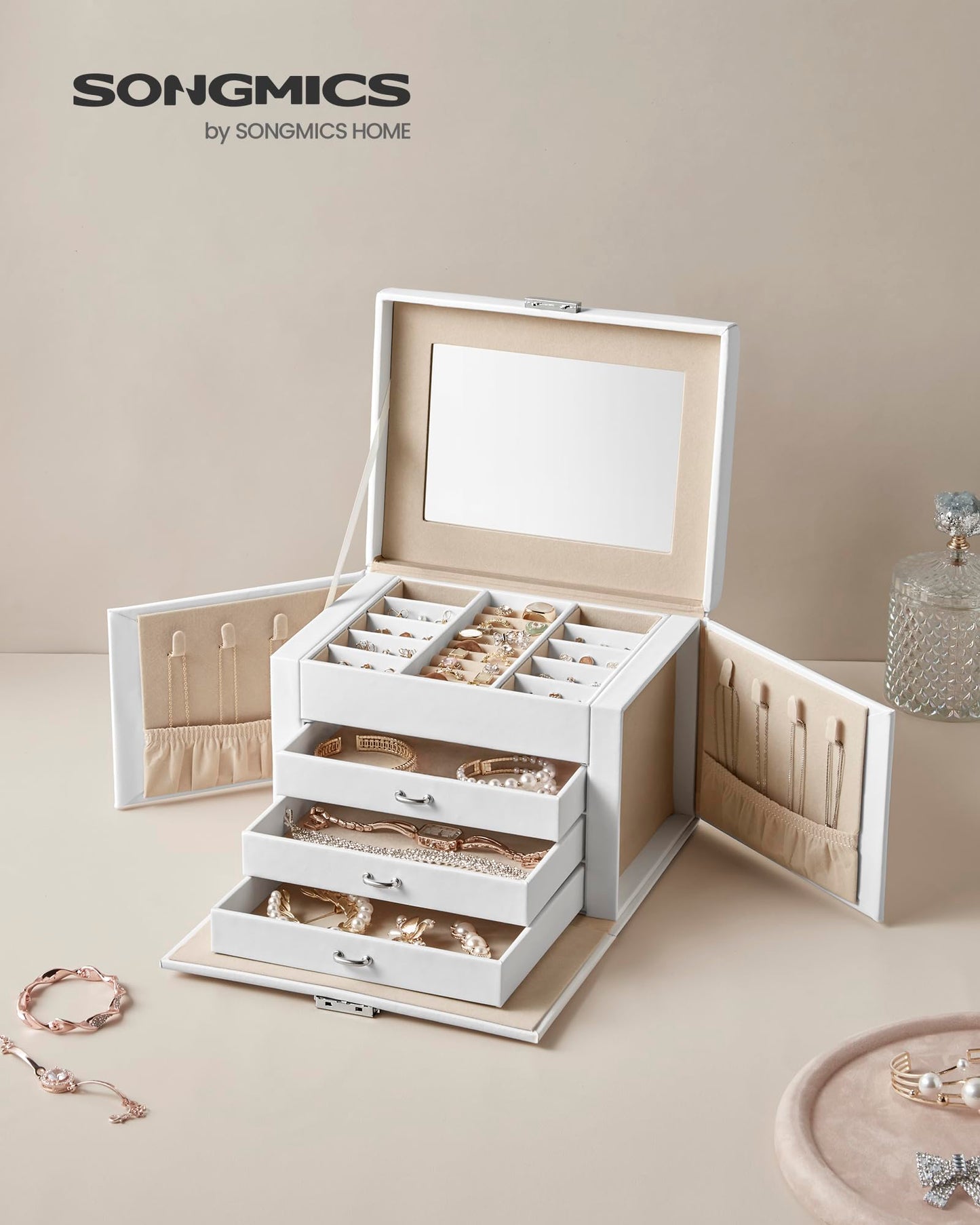 SONGMICS 4-Tier Lockable Jewelry Box with Mirror – Classic White