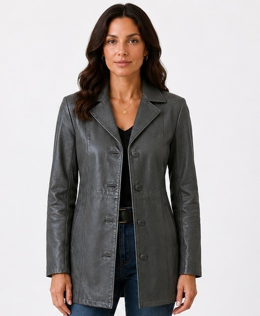 Women’s Tailored Grey Leather Jacket – Size XS