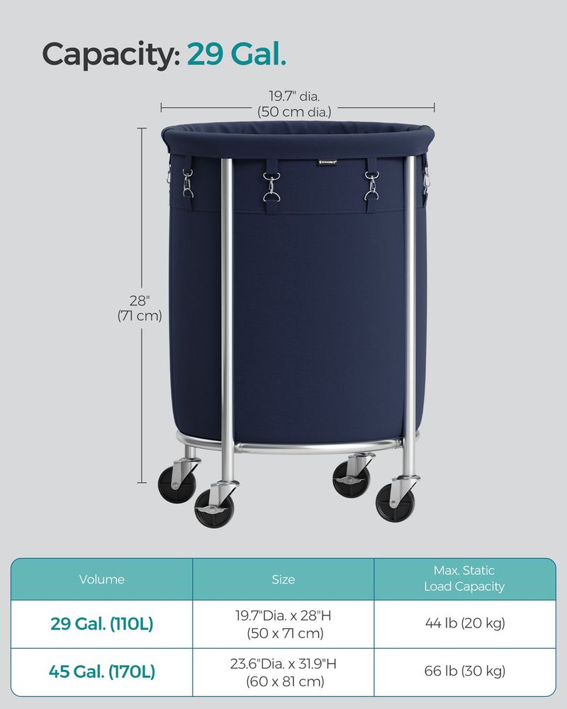 Rolling Laundry Hamper with Casters – Charcoal Blue & Metallic Silver