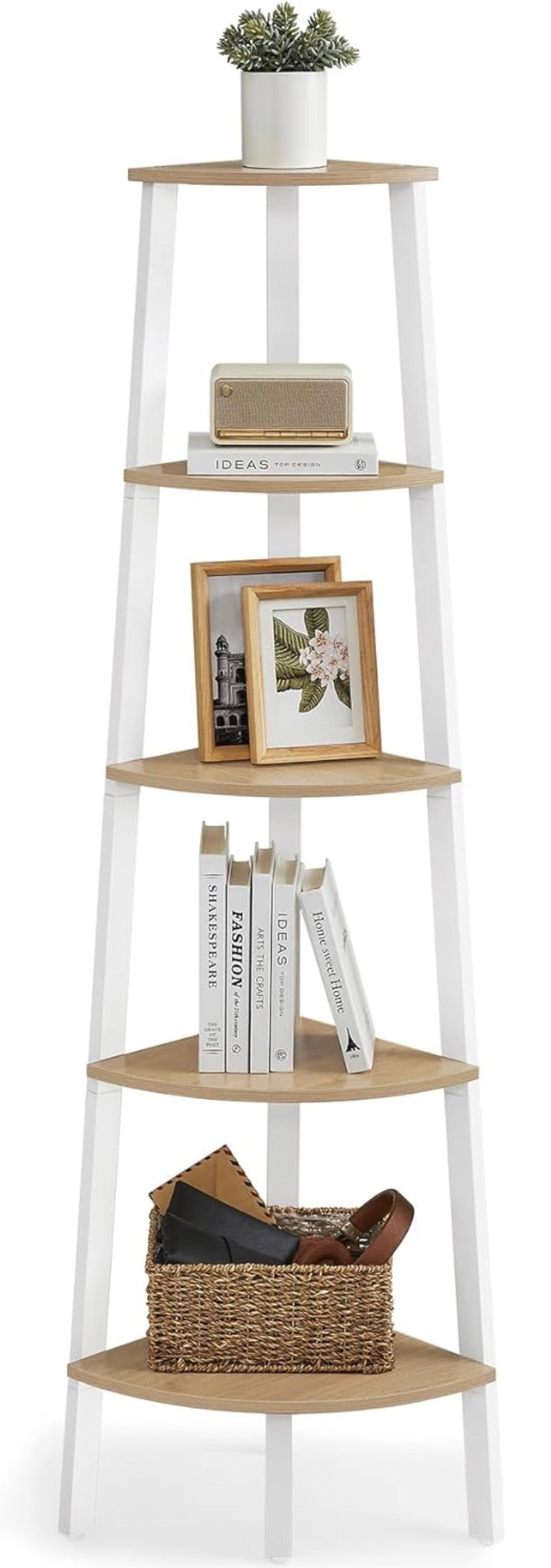 5-Tier Corner Shelf – Natural Oak + Matte White