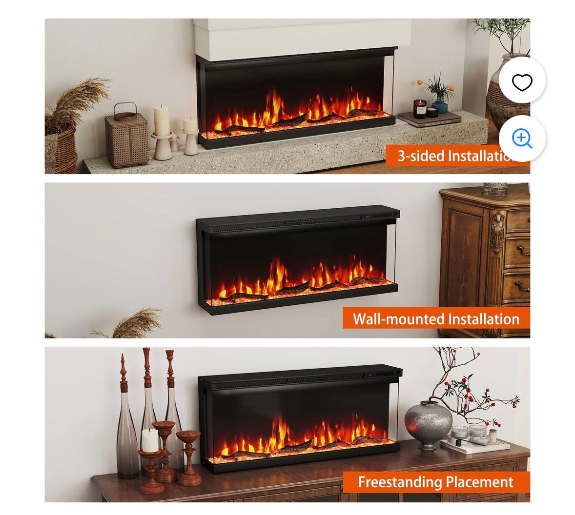 40” 3-Sided Electric Fireplace Heater – 5000 BTU