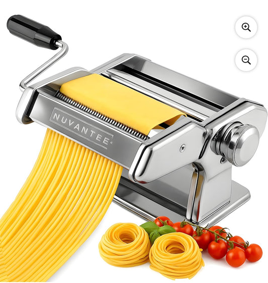 Nuvantee Stainless Steel Pasta Maker – Adjustable 7-Setting Roller | Manual Hand Crank | Silver
