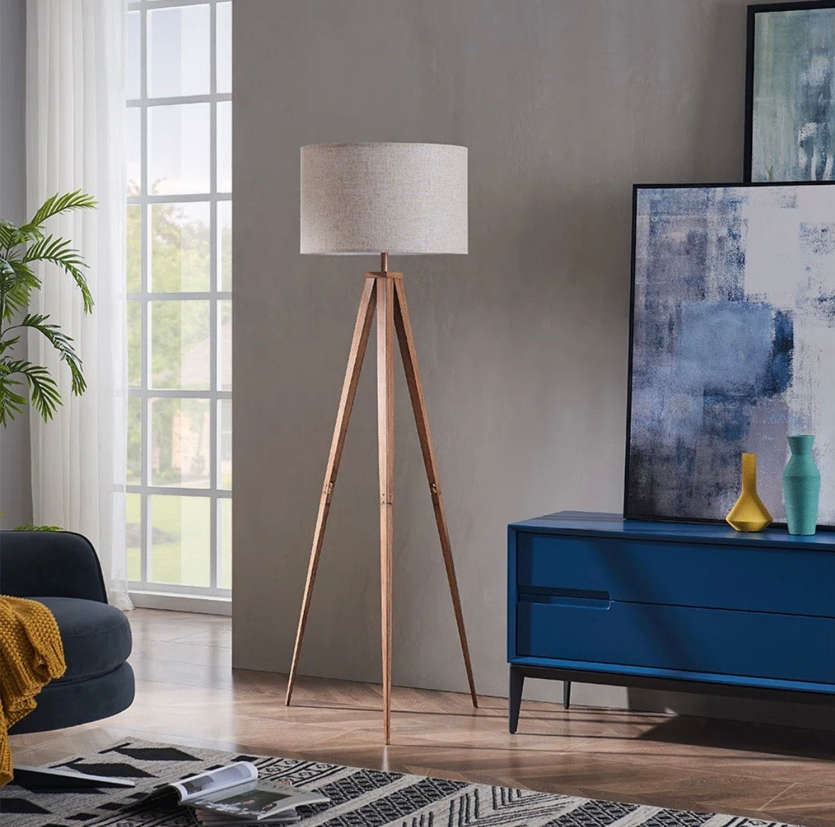 Modern 61” Tripod Floor Lamp – Metal Base with Drum Shade