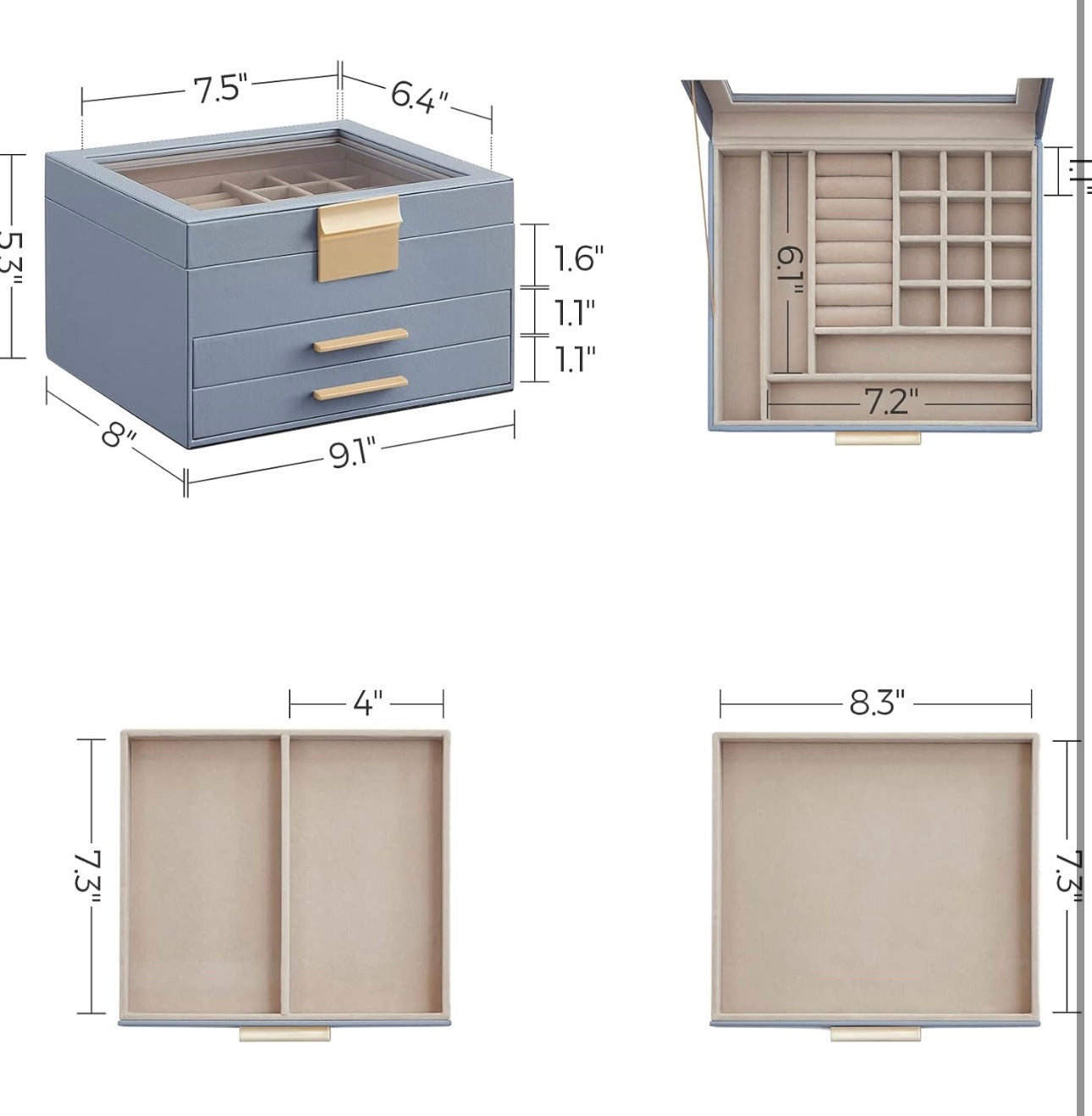 SONGMICS 3-Layer Jewelry Box Organizer with Glass Lid