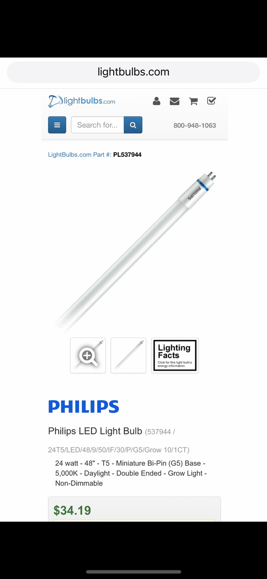 Philips 48” T5 LED Grow Light Tube – 24W, Daylight 5000K