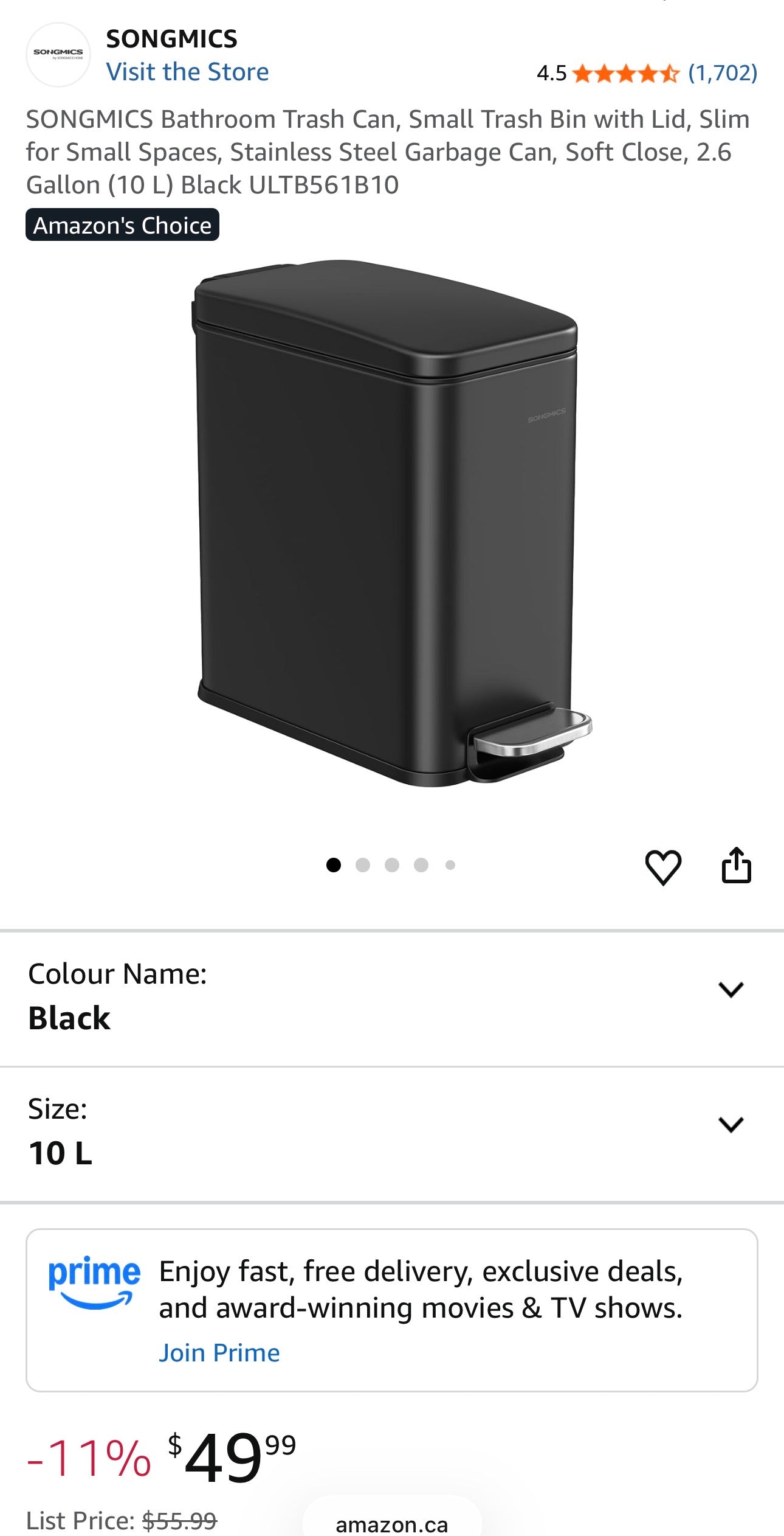 SONGMICS 2.6-Gallon Slim Step Trash Can
