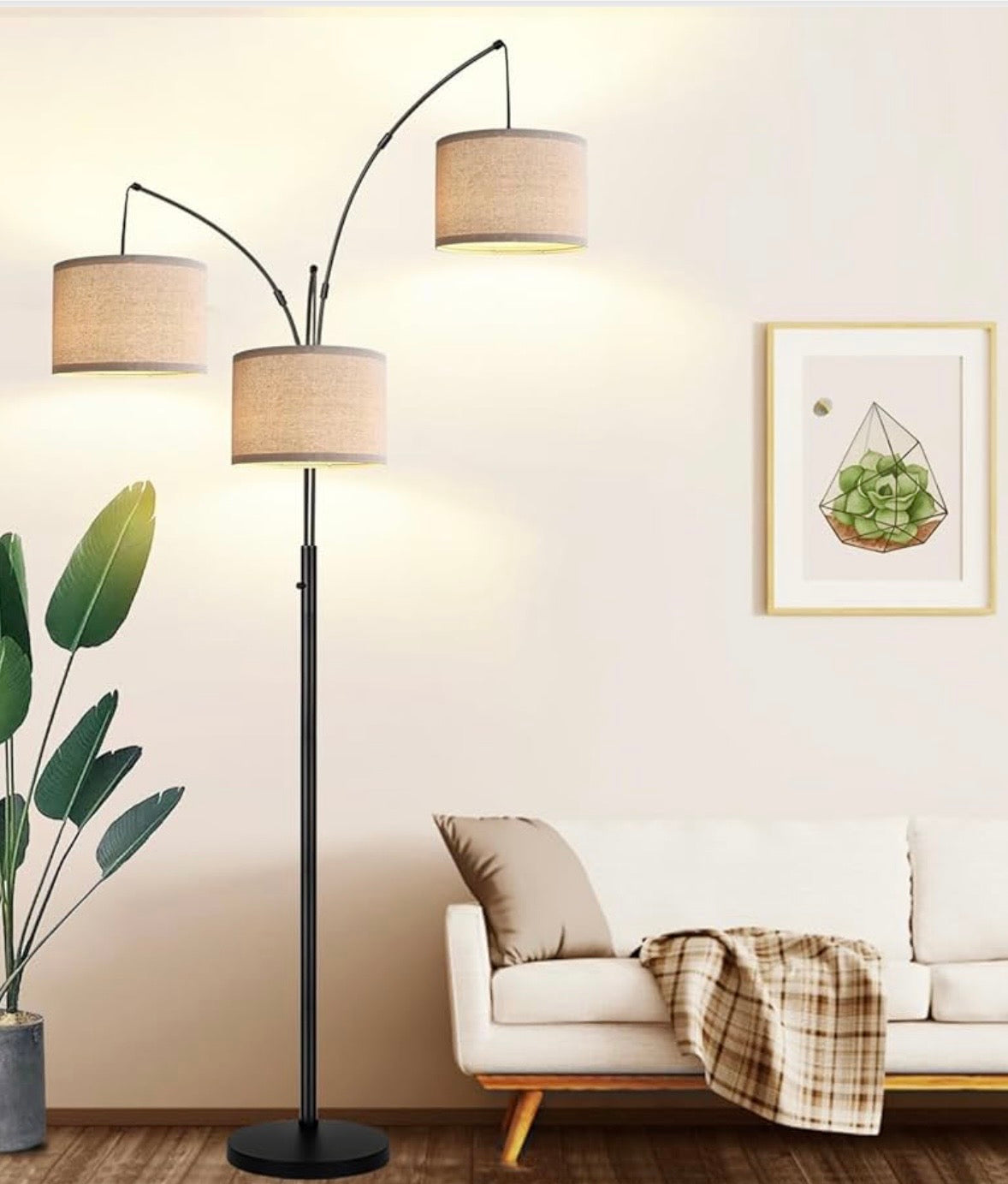 Modern 3-Light Arc Floor Lamp – Matte Black with Linen Shades