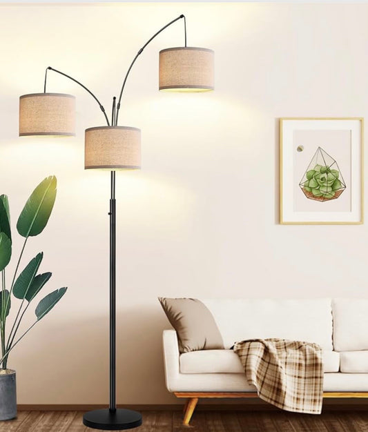 Modern 3-Light Arc Floor Lamp – Matte Black with Linen Shades