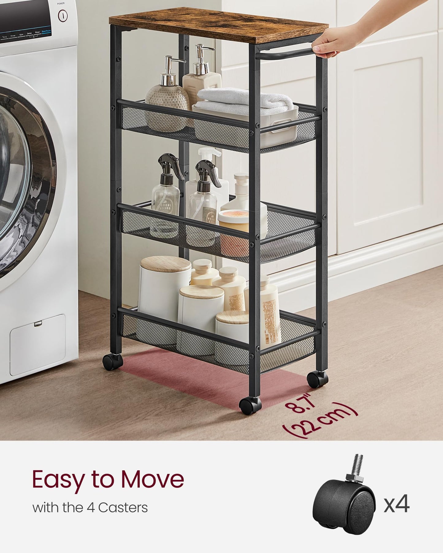 VASAGLE 4-Tier Slim Rolling Storage Cart