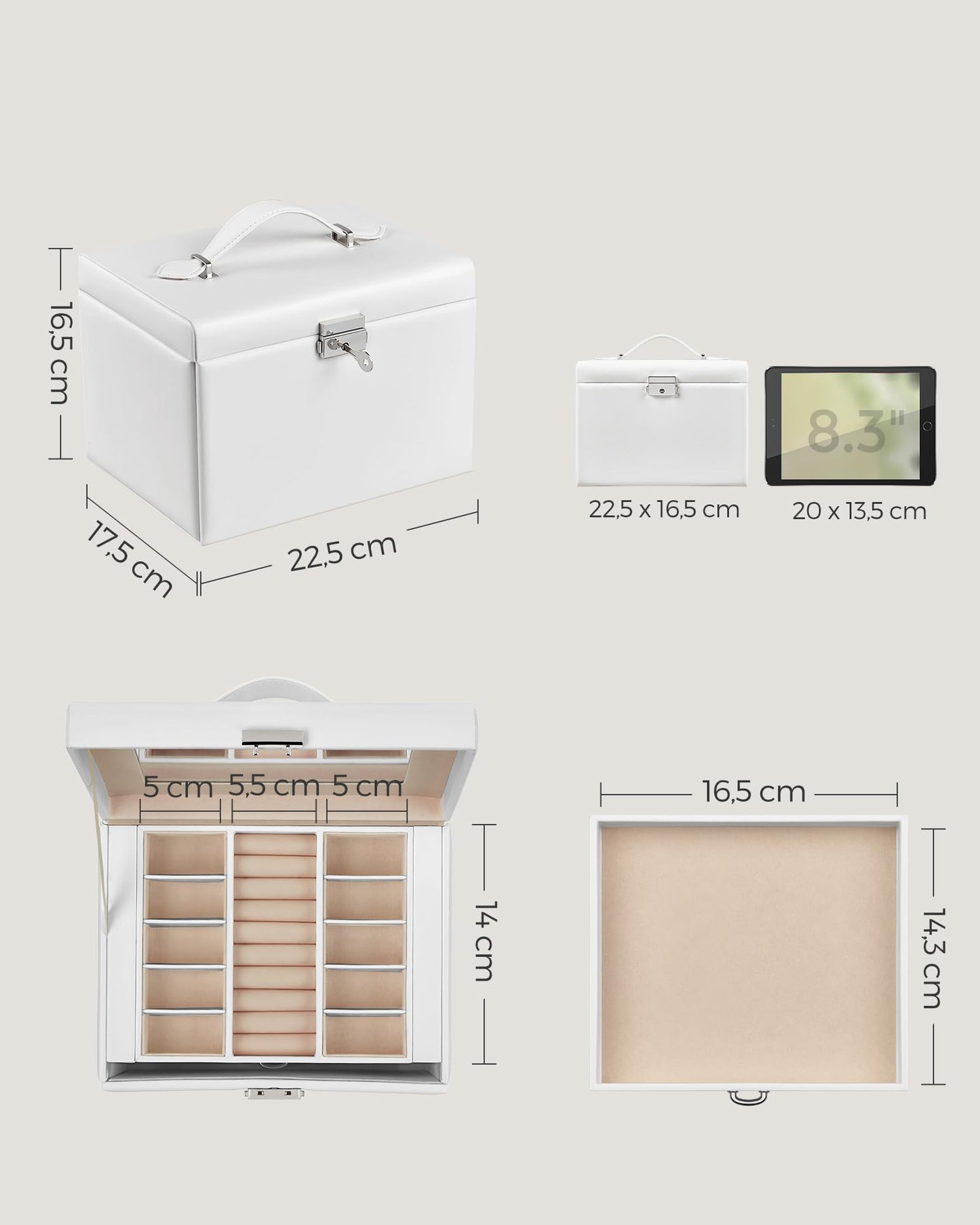 SONGMICS 4-Tier Lockable Jewelry Box with Mirror – Classic White