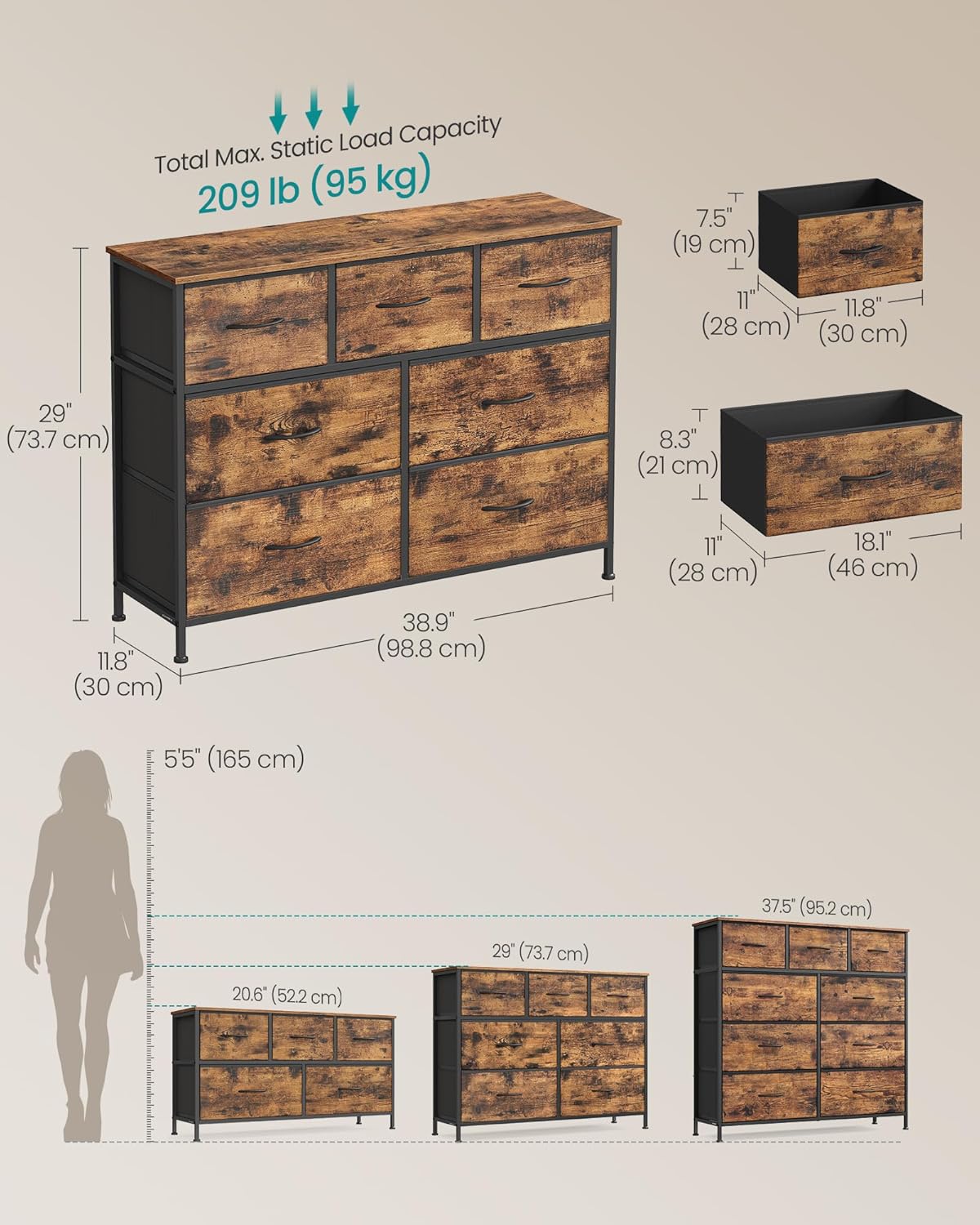 7-Drawer Fabric Dresser Storage Organizer – Rustic Brown & Ink Black