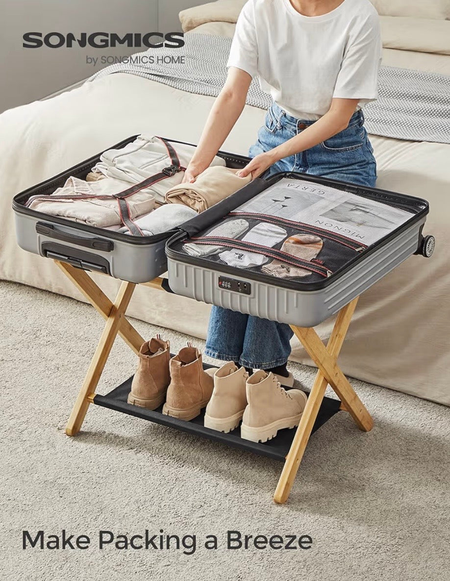 SONGMICS Bamboo Luggage Rack with Lower Storage Shelf - Natural Beige