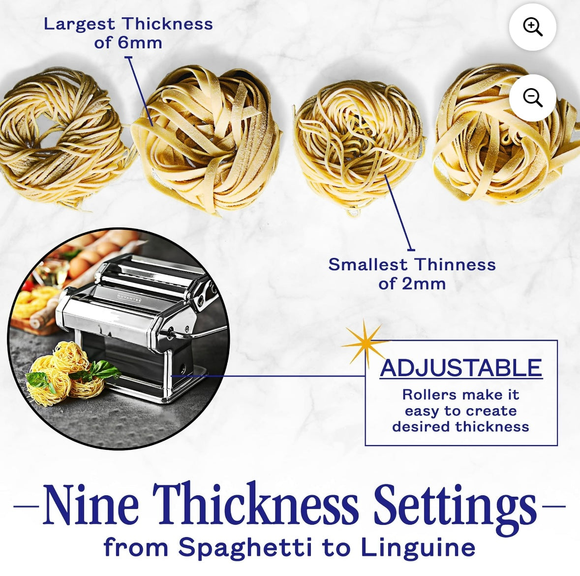 Nuvantee Stainless Steel Pasta Maker – Adjustable 7-Setting Roller | Manual Hand Crank | Silver