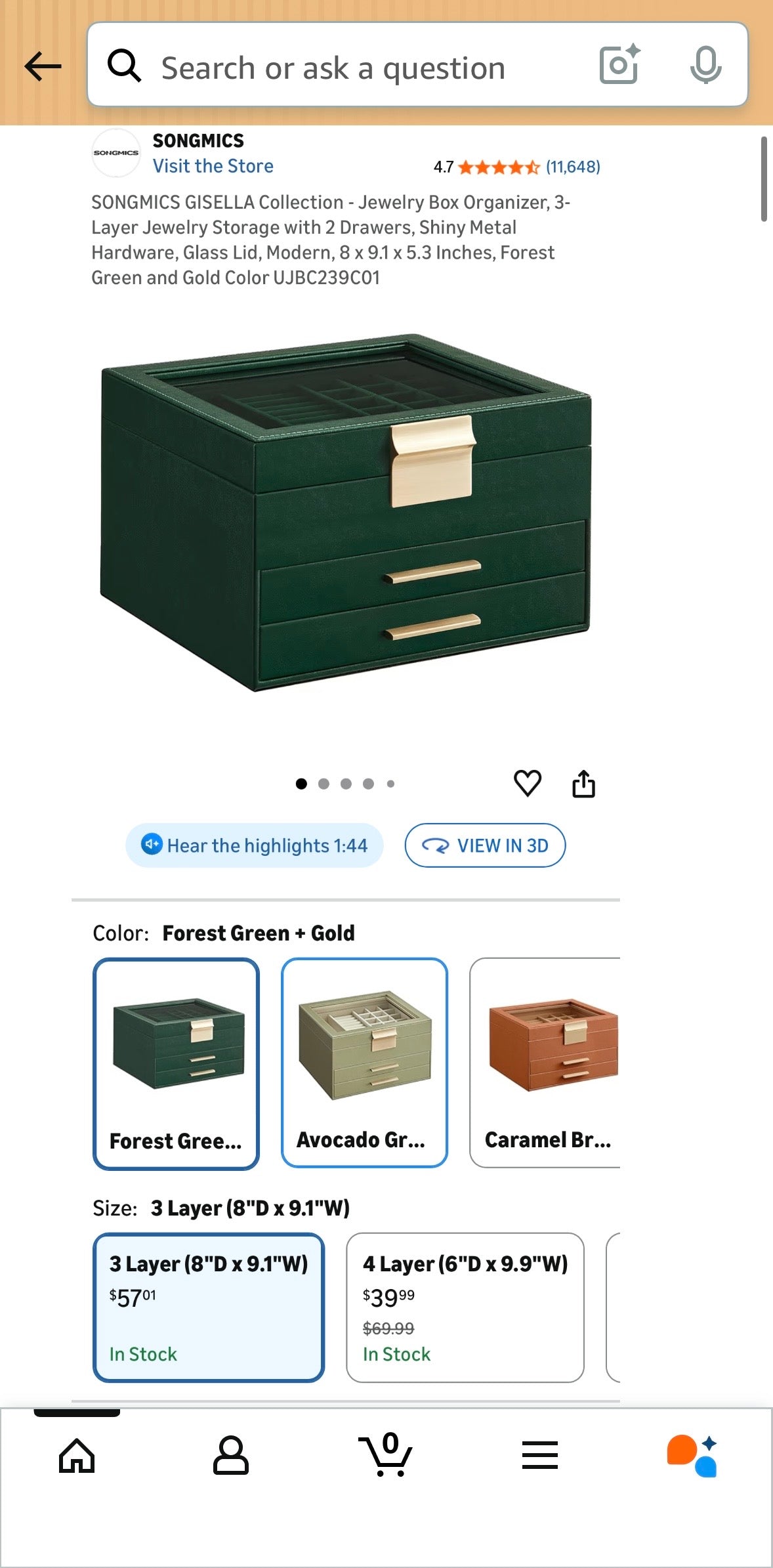 SONGMICS 3-Layer Jewelry Box with Glass Lid