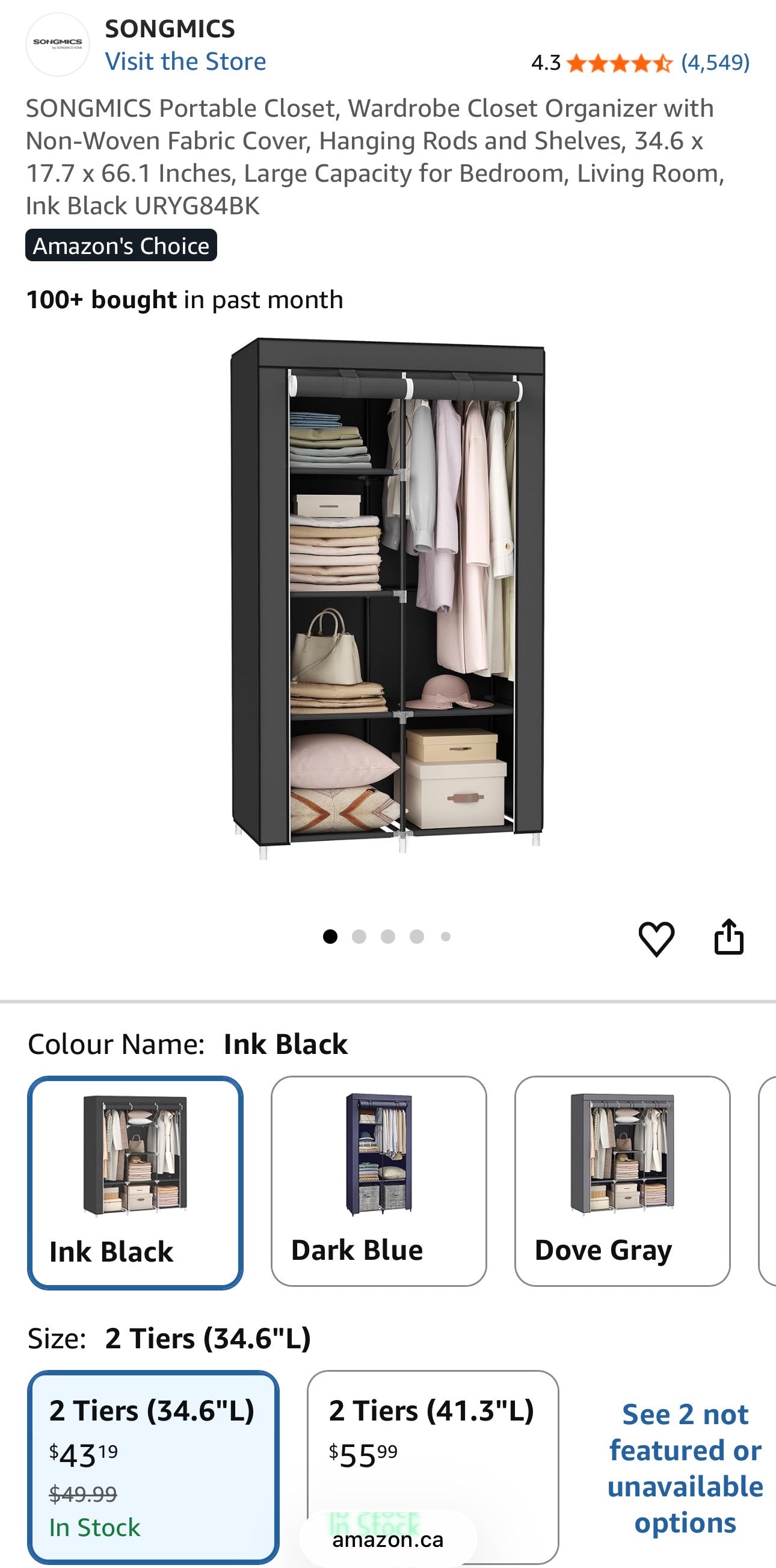 SONGMICS 2-Tier Portable Fabric Wardrobe Closet – Ink Black