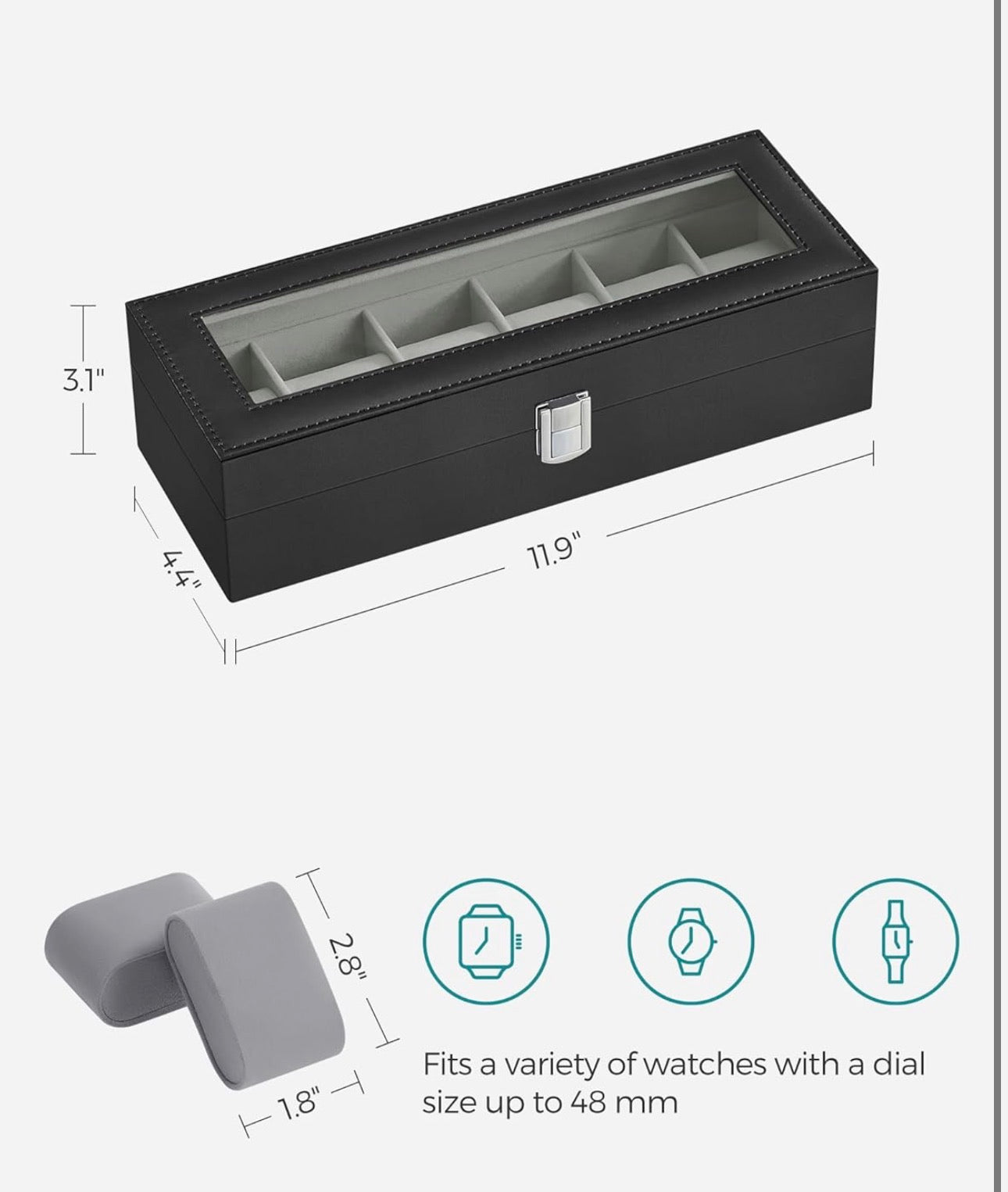 SONGMICS 6-Slot Watch Box with Glass Lid