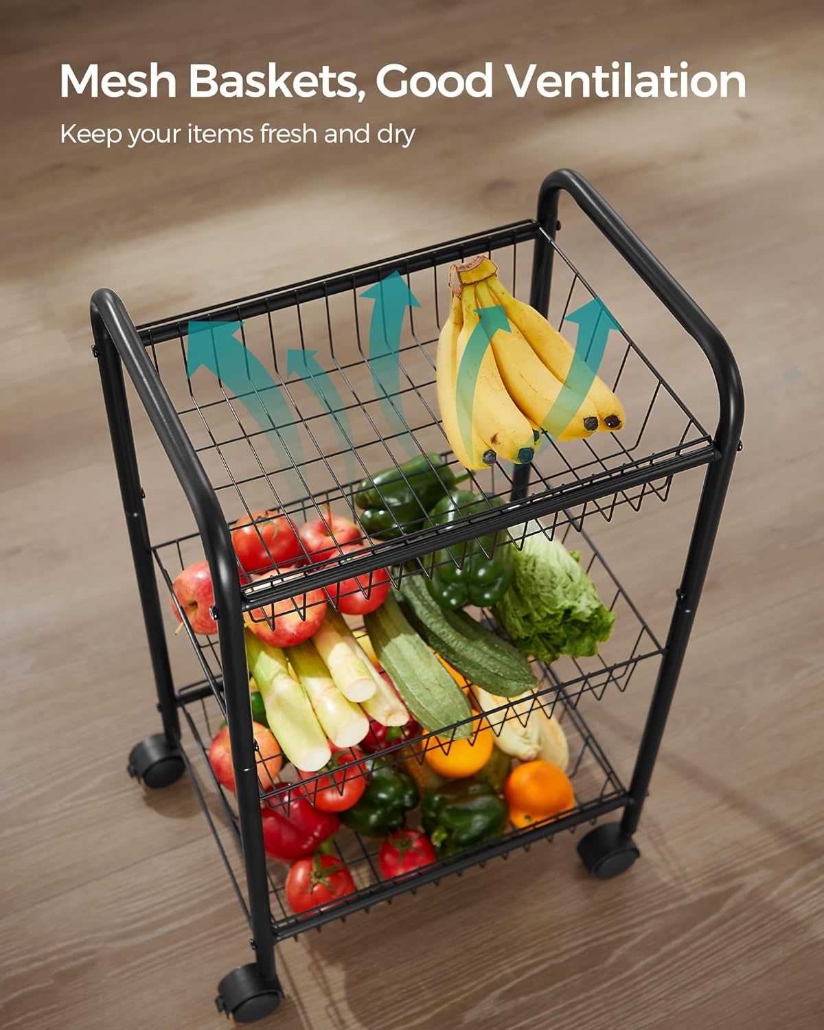 3-Tier Rolling Storage Cart – Black