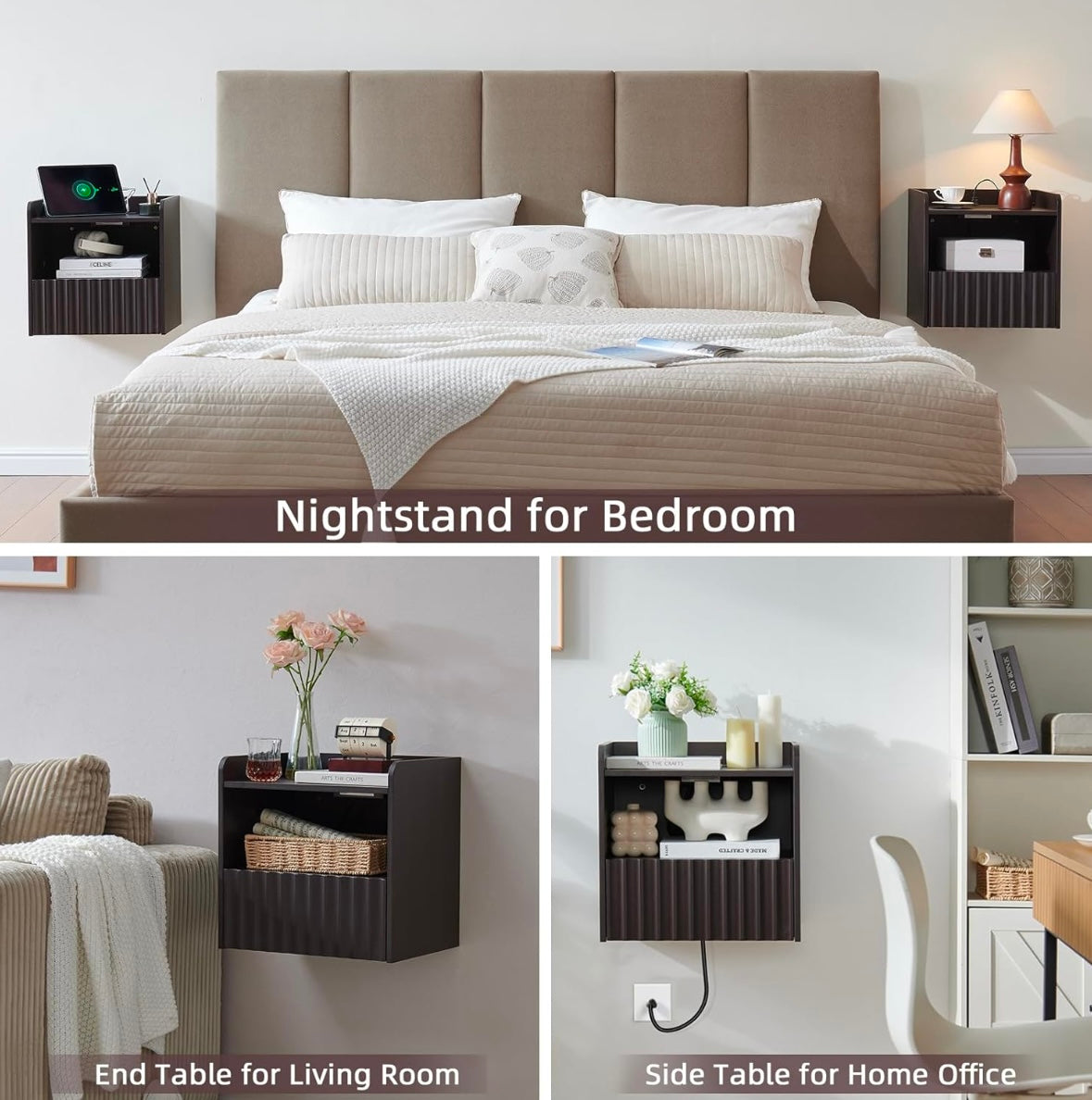 BuildHom Floating Wall-Mounted Nightstands – Espresso Finish (Set of 2)