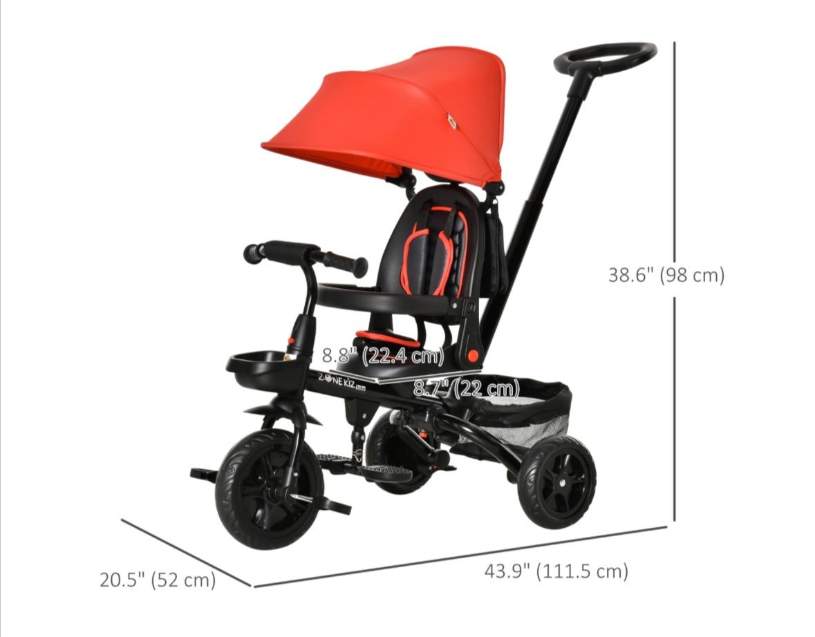 4-in-1 Kids Tricycle with Parent Handle, Adjustable Seat & Canopy – Reversible Seat, Storage Baskets & Safety Belt