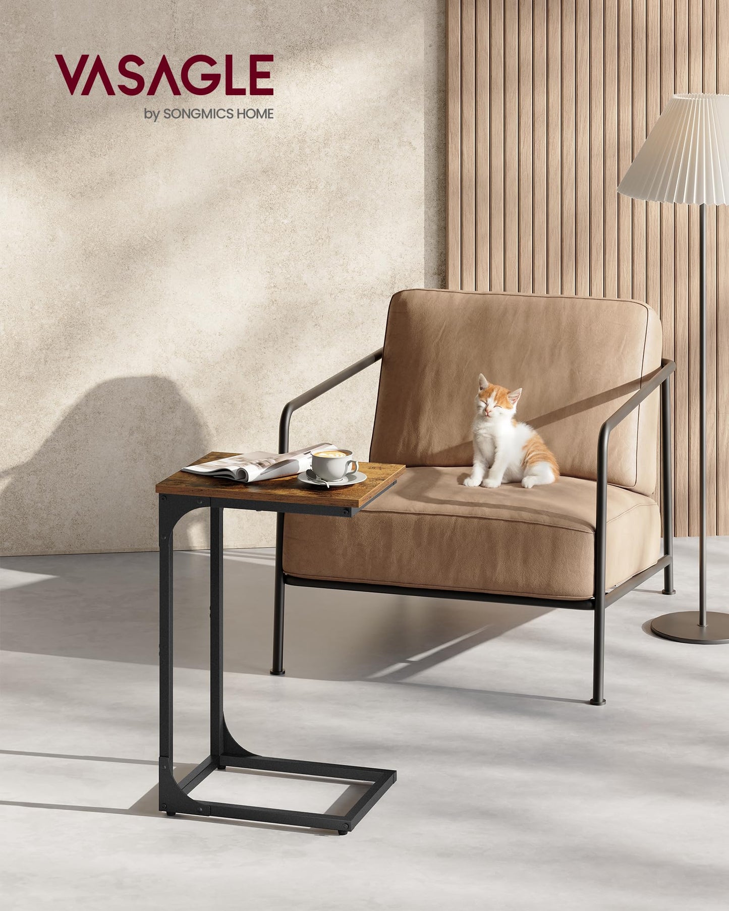 VASAGLE C-Shaped Side Table – Rustic Brown + Ink Black