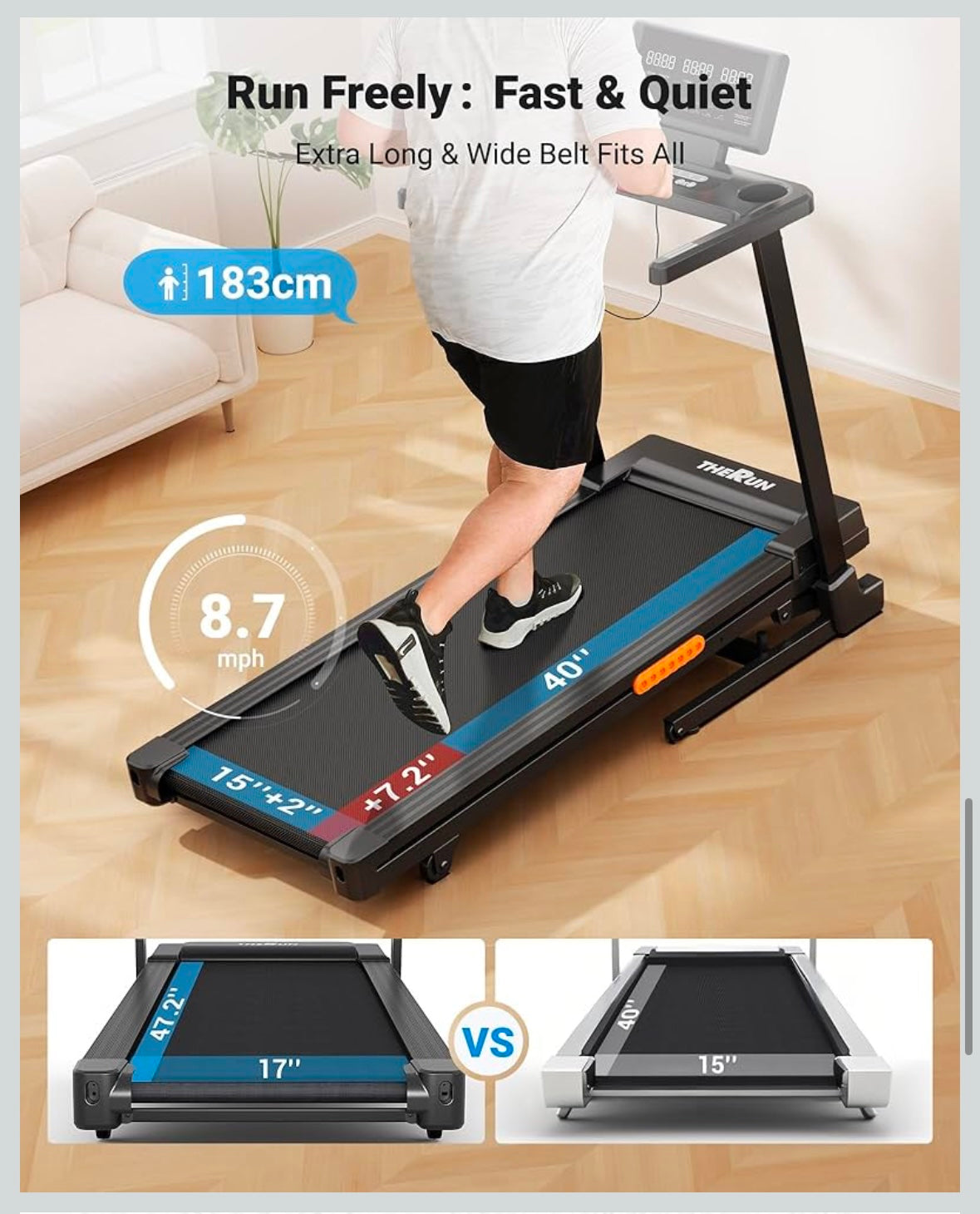 THERUN Auto Incline Folding Treadmill – 3.0 HP Brushless Motor