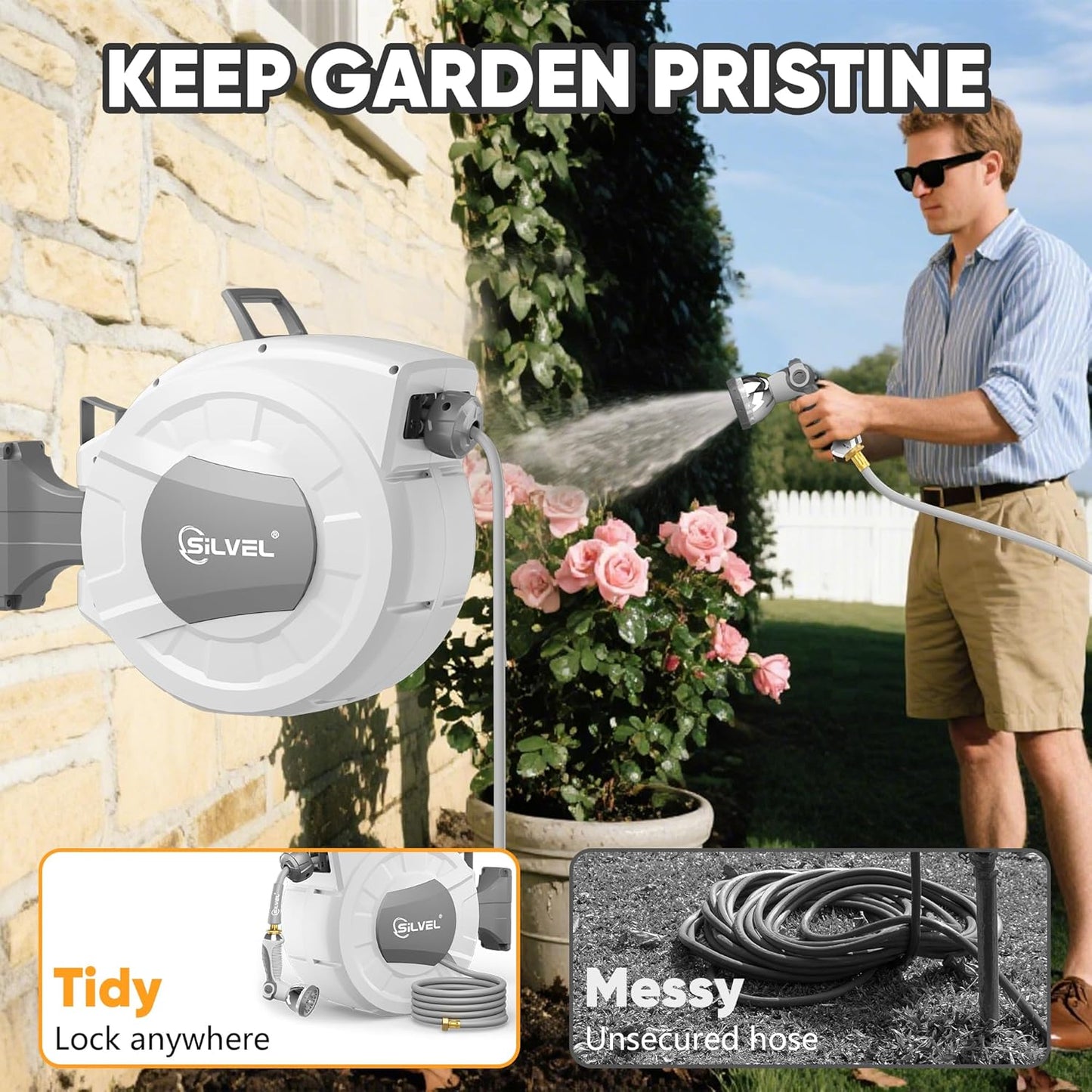 SILVEL Retractable Garden Hose Reel – 105 ft